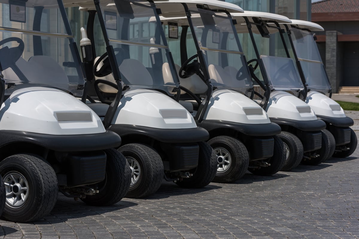 Golf carts lined up outdoors on a sunny day at a dealership, created as an independent concept for a Golf Cart Dealership website