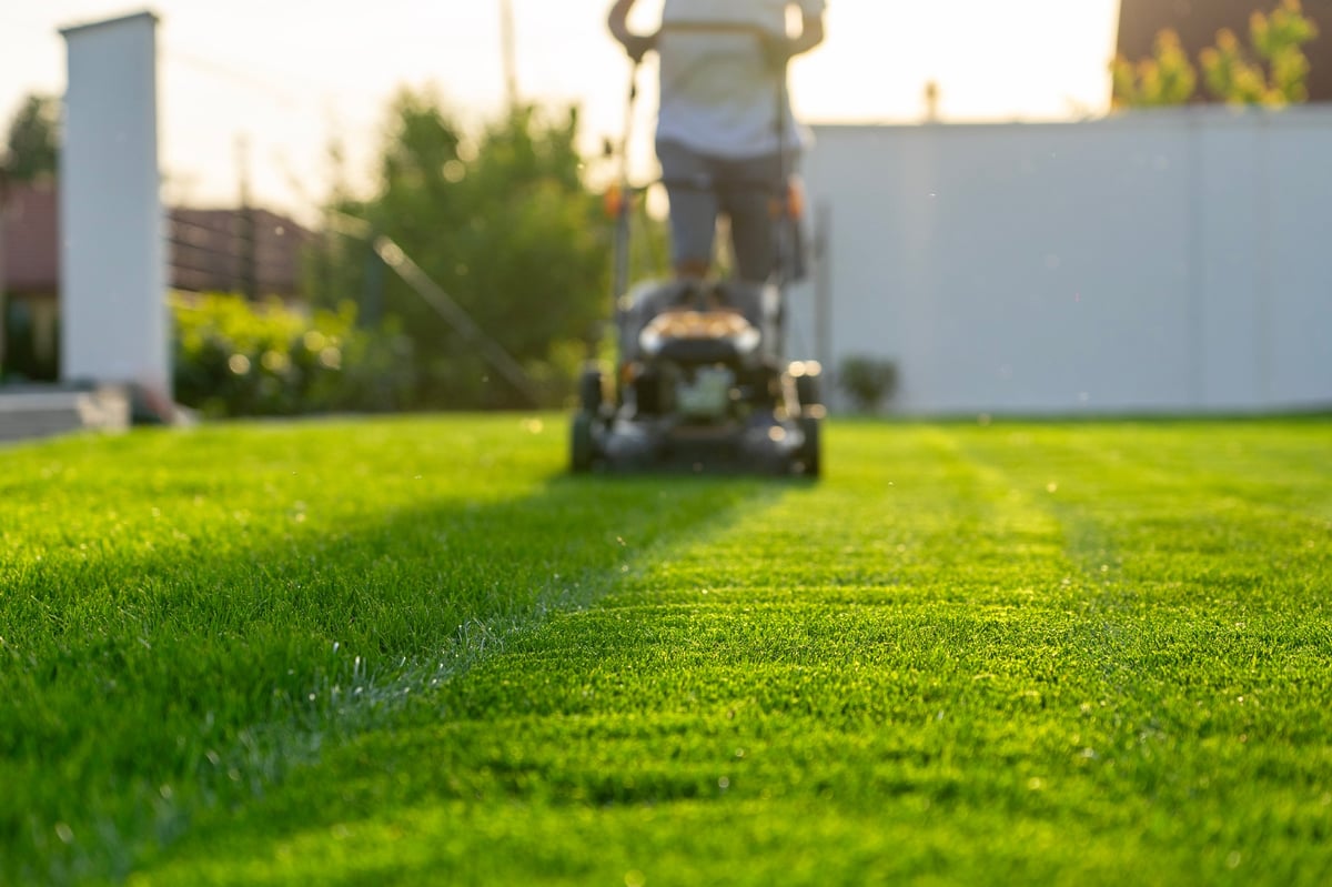 Lawn mower cutting green grass in a home garden for Cooter Bay Landscaping