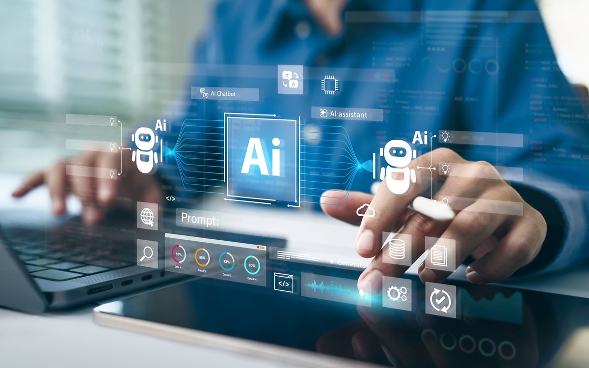 AI Artificial Intelligence technology for data analysis, research, planning, and work generate. Man uses a laptop and AI assistant dashboard. Technology smart robot AI agents and agentic workflows.