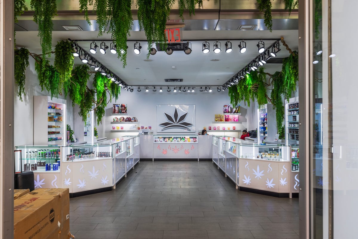 Modern cannabis dispensary interior with glass display counters and green decor, created as an independent concept for a marijuana dispensary website
