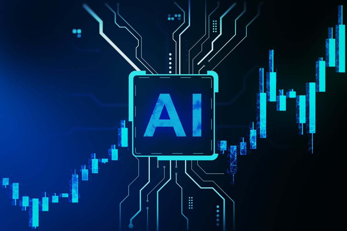 Glowing AI chip with digital circuits and rising candlestick charts representing finance and technology