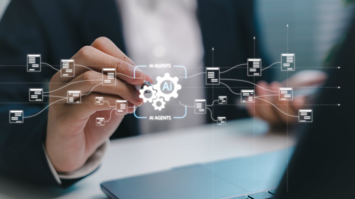 Businessman using AI agents to automate document management and data workflow across digital systems