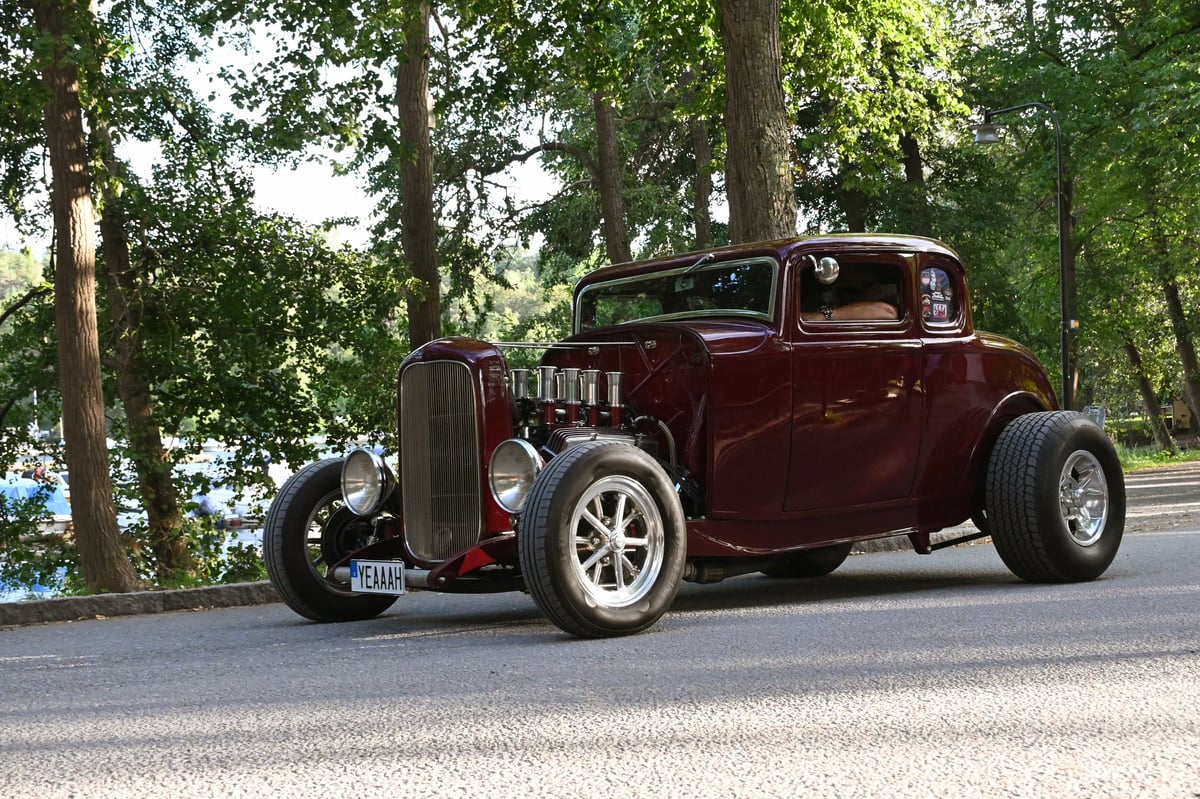 Classic vintage hot rod car on display for the Don Garlits Museum of Drag Racing