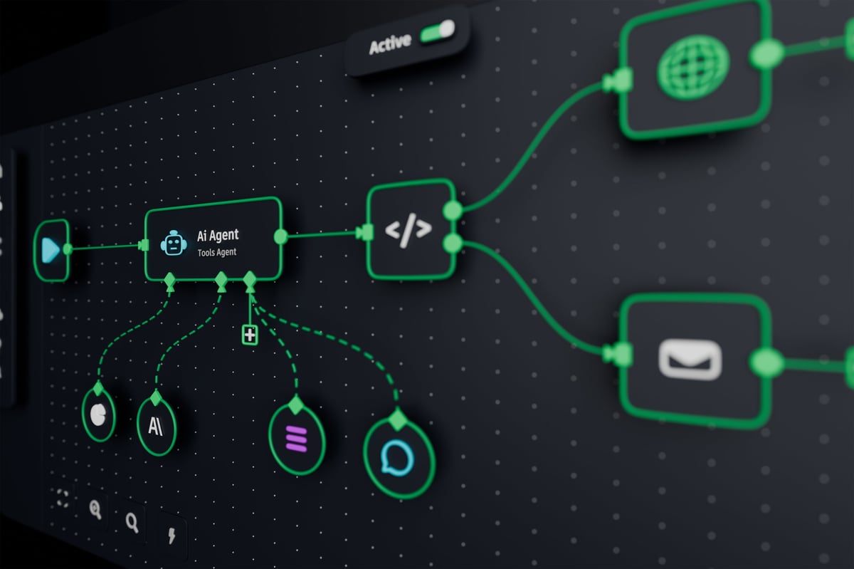 AI workflow automation artificial intelligence software interface nodes triggers data tool dashboard coding icon flow process technology