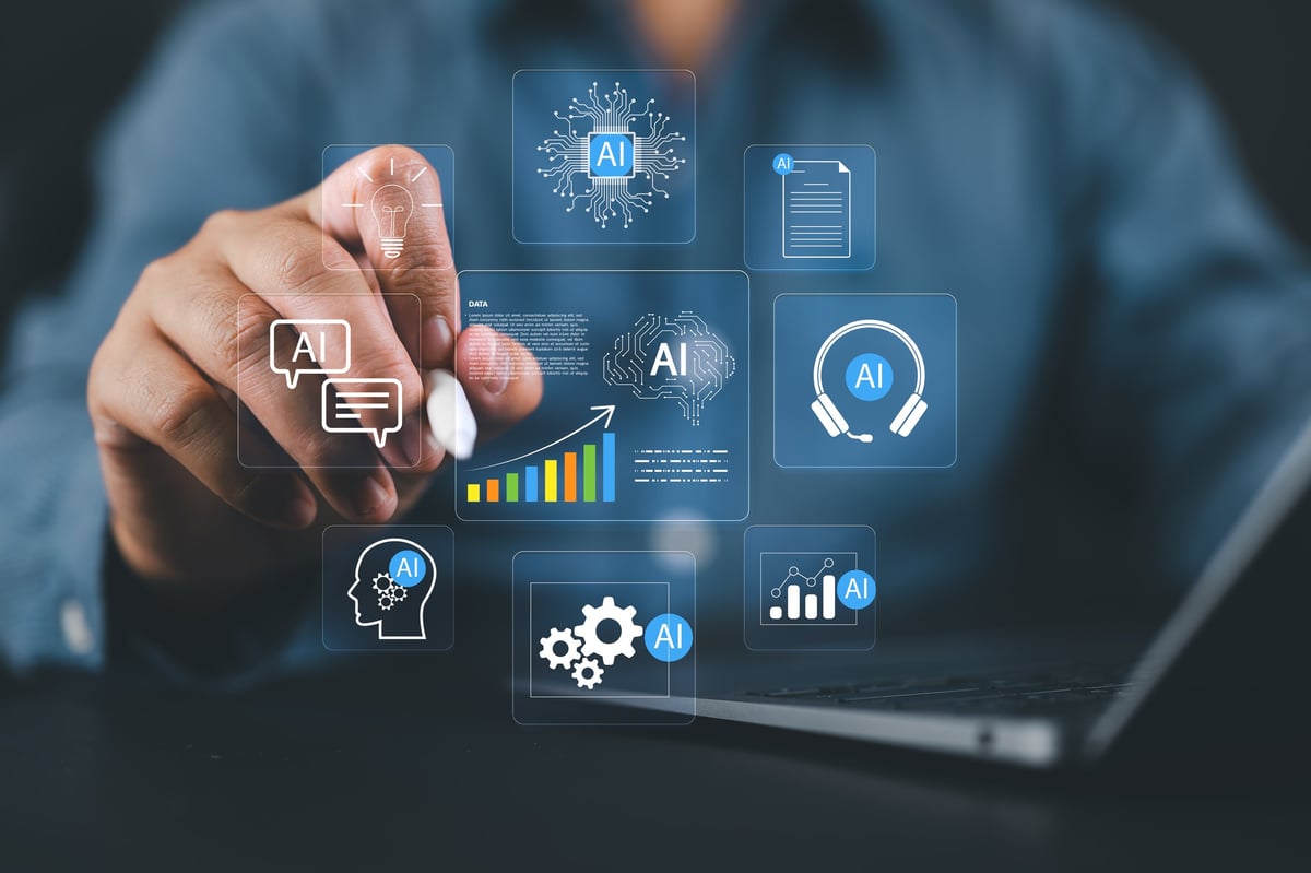 Businessman using AI technology for data analysis and automation in a modern workplace