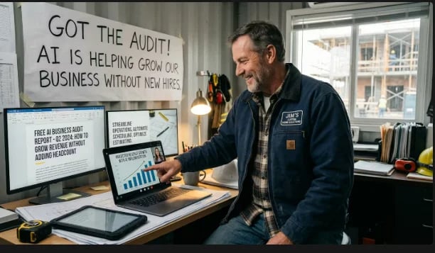 Man in office reviewing data on laptop with whiteboard sign about AI assisting business growth visible behind him