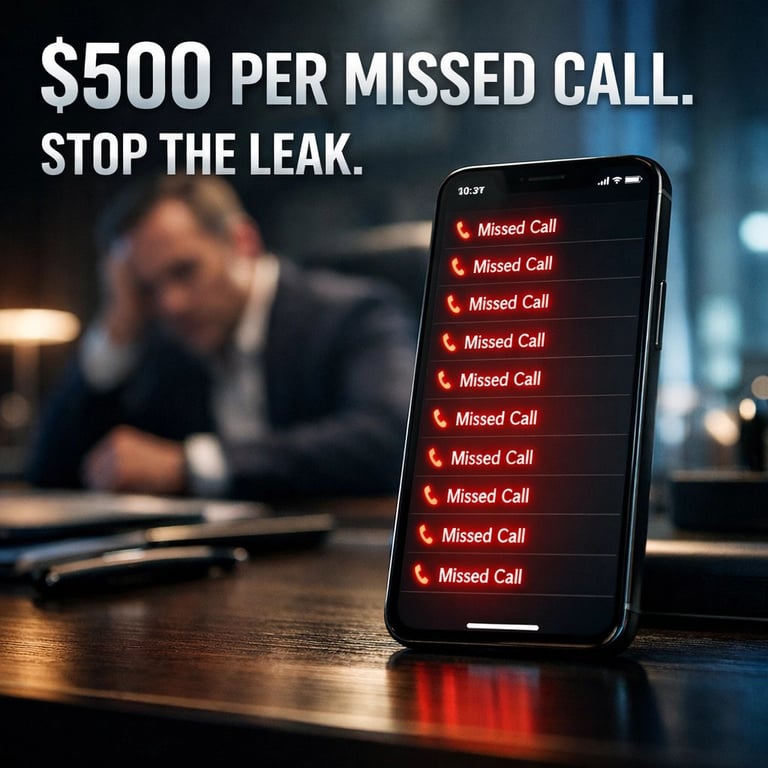 Smartphone displaying multiple missed call notifications with text stating $500 per missed call, stop the leak, on an office desk with blurred person in background