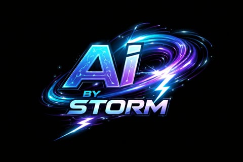 AI by STORM logo with neon blue and purple glowing text on black background