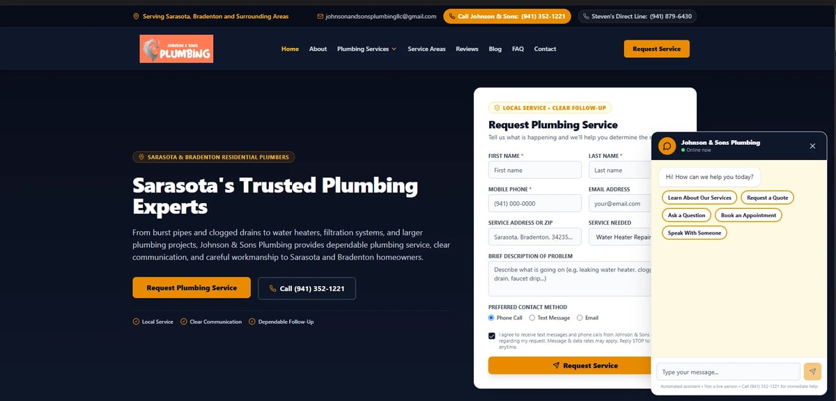 Plumbing company website homepage with service inquiry form overlay and booking options