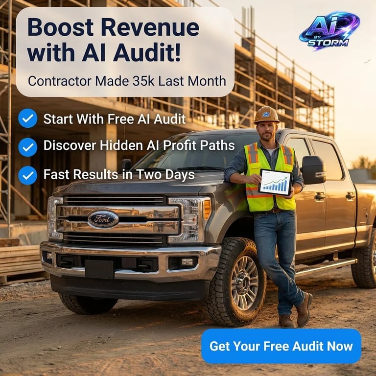 Construction contractor in safety gear standing with tablet by pickup truck promoting AI Audit service for revenue growth