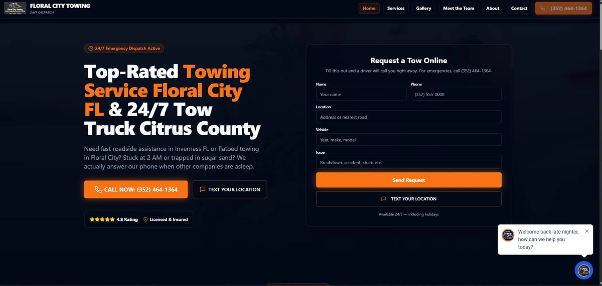 Floral City Towing website homepage showing top-rated towing service offering 24/7 truck services in Citrus County