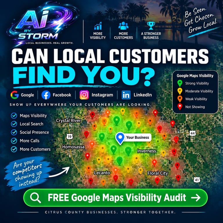 AI by Storm Google Maps local visibility audit illustration for Citrus County businesses