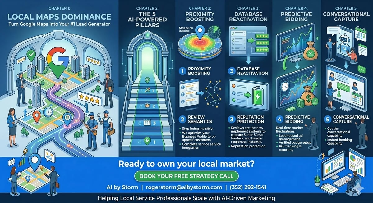 Infographic showing 6 chapters about local market dominance and AI-driven marketing strategies for service professionals