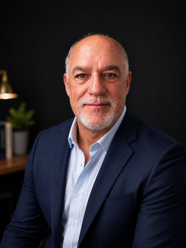 Roger Storm - Professional headshot of a middle-aged man with gray hair and beard wearing a dark blazer and light blue shirt against a black background