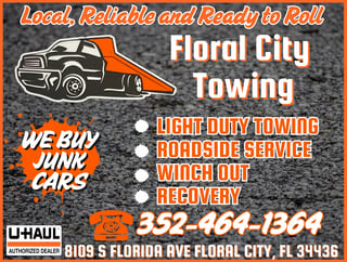 Floral City Towing advertisement with orange tow truck graphic and contact information for roadside service and junk car removal