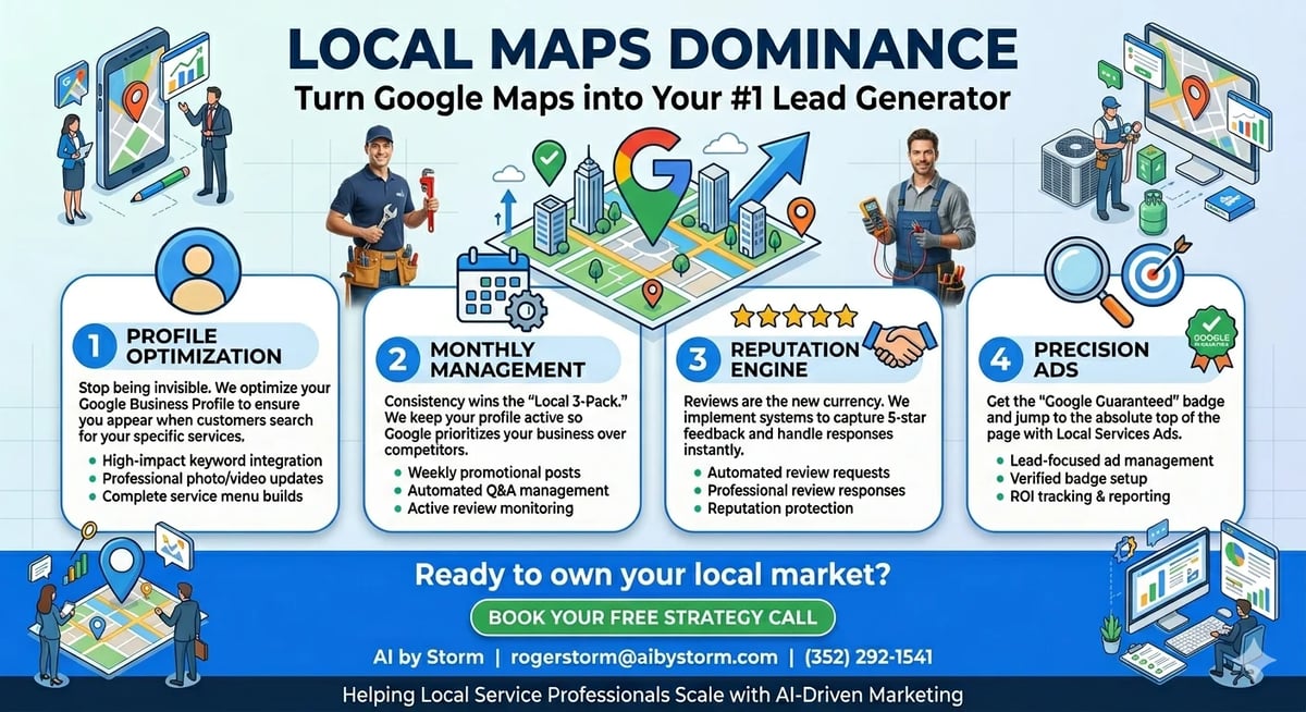 Infographic about Local Maps Dominance showing 4 steps to turn Google Maps into a lead generator with profile optimization, named management, reputation management, and precision advertising strategies