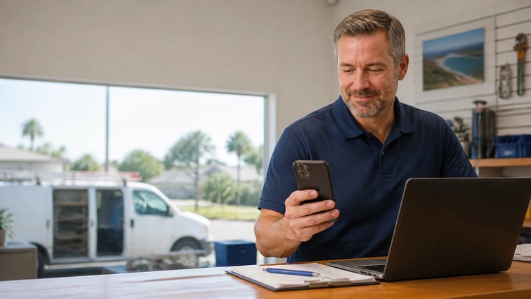 Middle-aged man in dark polo shirt sitting at desk with laptop and phone, looking at phone in bright office with window view